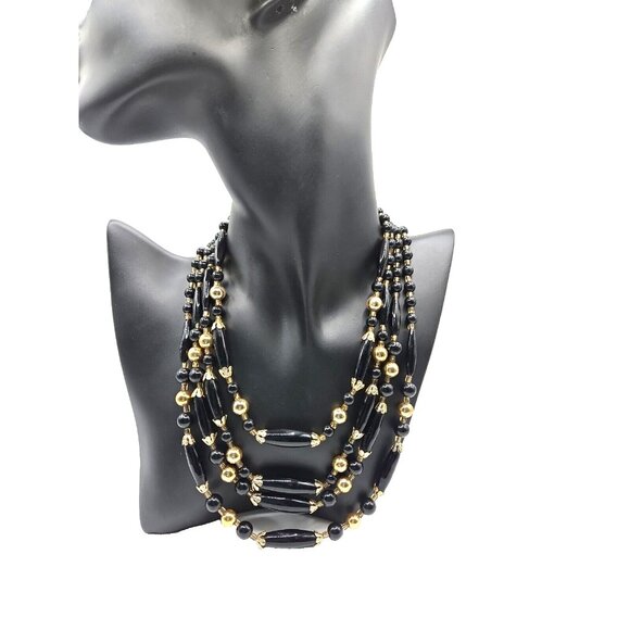 Vintage quadruple strand Black Agate and Gold beaded Made in Japan Necklace 1940 - Picture 2 of 7
